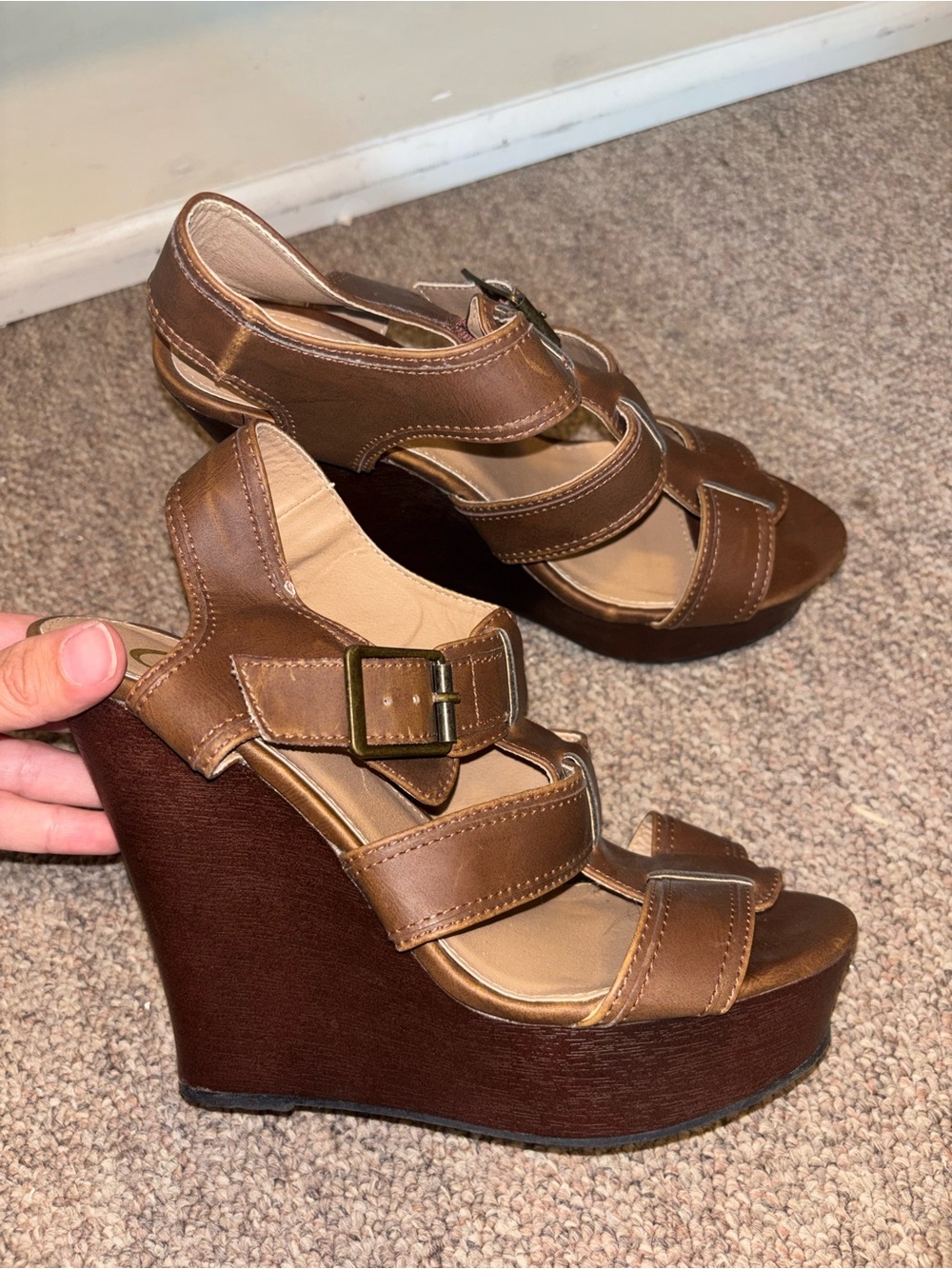 Candie's Brown Multi-Strap Wedge Sandals with Buckle